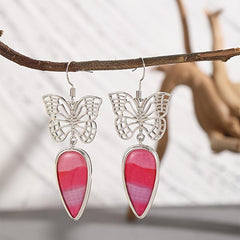 Butterfly Pattern Inlaid Red Synthetic Stone Retro Earrings