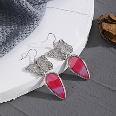 Butterfly Pattern Inlaid Red Synthetic Stone Retro Earrings