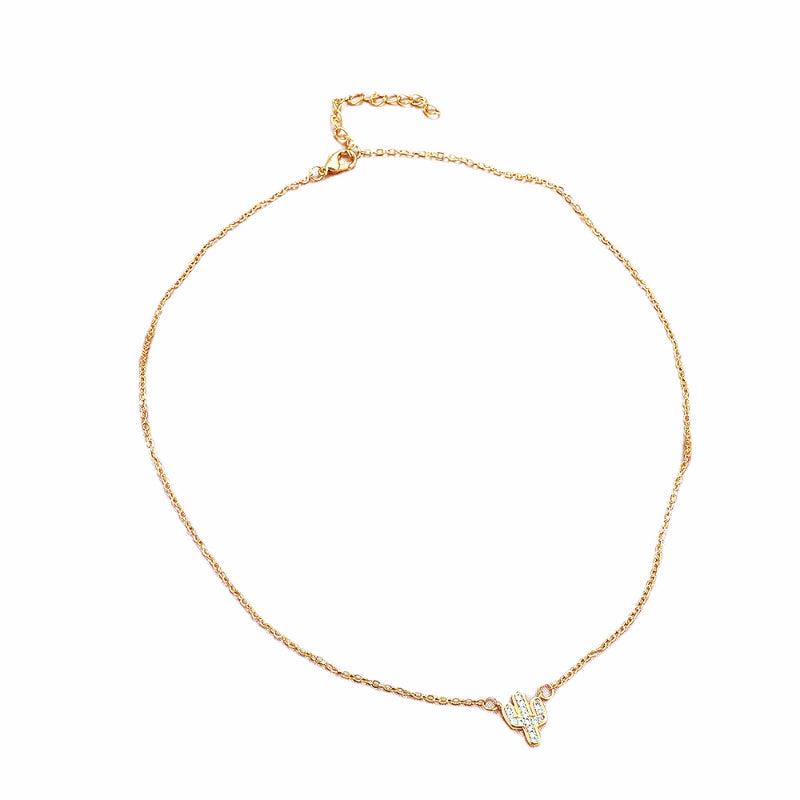 Cactus Shaped Pendant Necklace with Crystal Inlay
