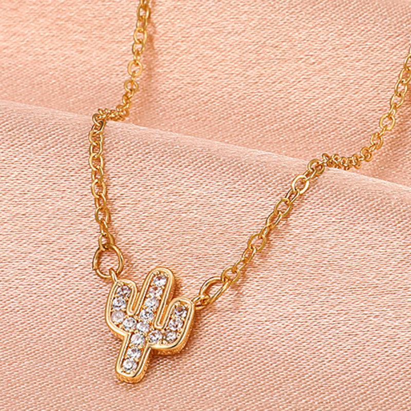 Cactus Shaped Pendant Necklace with Crystal Inlay
