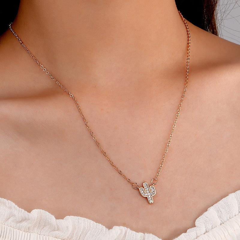 Cactus Shaped Pendant Necklace with Crystal Inlay