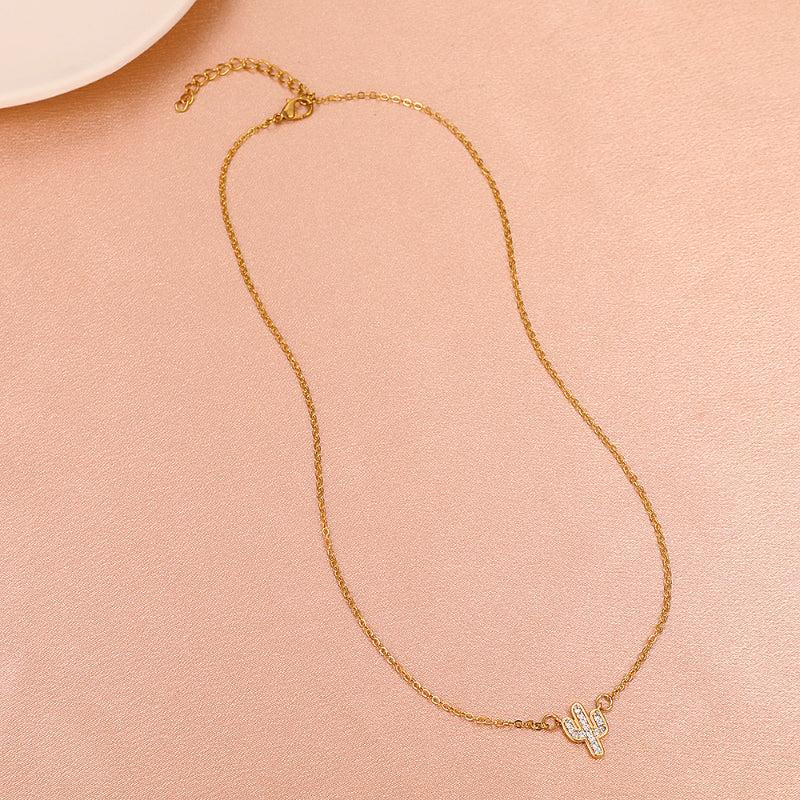 Cactus Shaped Pendant Necklace with Crystal Inlay