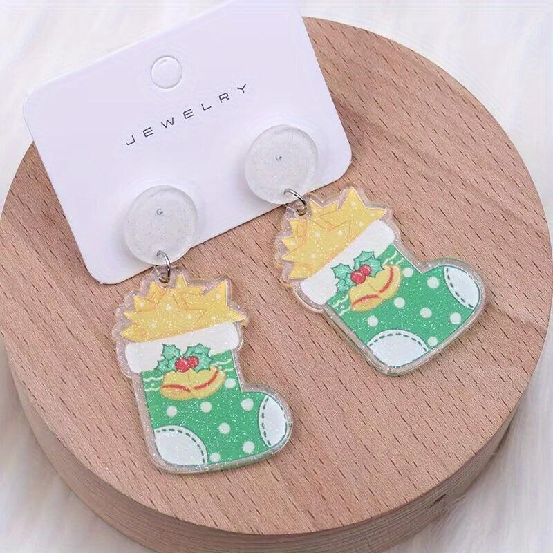 Christmas Earrings Cartoon Acrylic Gloves Boots Cane Candy Santa Ear
