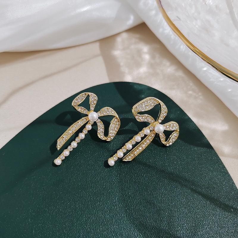 Diamond Bow Pearl Earrings