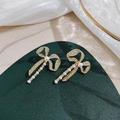 Diamond Bow Pearl Earrings