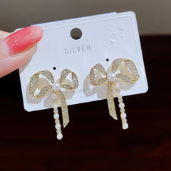 Diamond Bow Pearl Earrings
