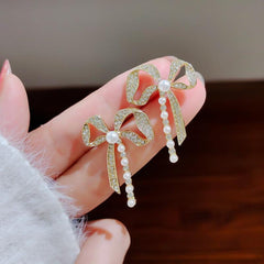 Diamond Bow Pearl Earrings