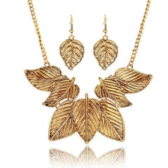 Retro Texture Leaf Necklace Earrings Set, Court Style Party Accessories