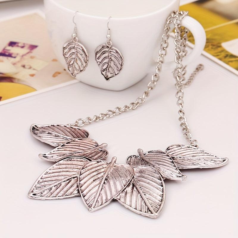 Retro Texture Leaf Necklace Earrings Set, Court Style Party Accessories