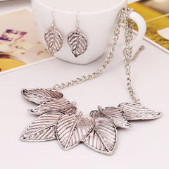Retro Texture Leaf Necklace Earrings Set, Court Style Party Accessories