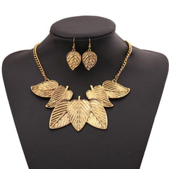 Retro Texture Leaf Necklace Earrings Set, Court Style Party Accessories