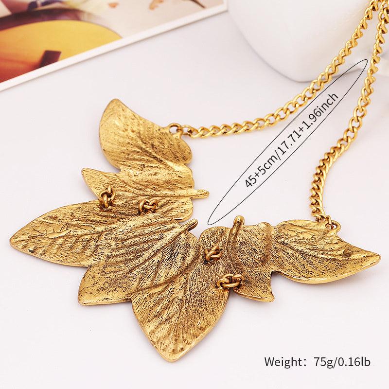 Retro Texture Leaf Necklace Earrings Set, Court Style Party Accessories