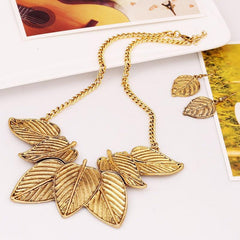 Retro Texture Leaf Necklace Earrings Set, Court Style Party Accessories