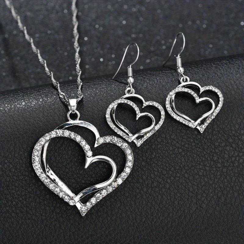 Heart Pendant Necklace Earrings Set Double Sided Faux Leather Droplet Earrings
