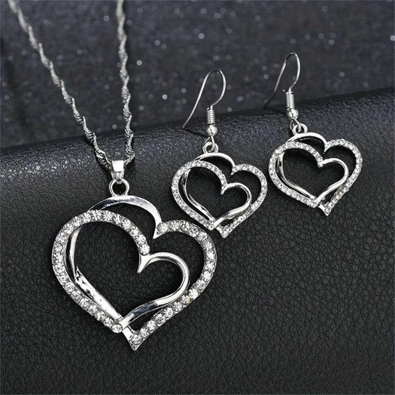Heart Pendant Necklace Earrings Set Double Sided Faux Leather Droplet Earrings