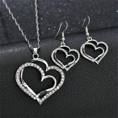 Heart Pendant Necklace Earrings Set Double Sided Faux Leather Droplet Earrings