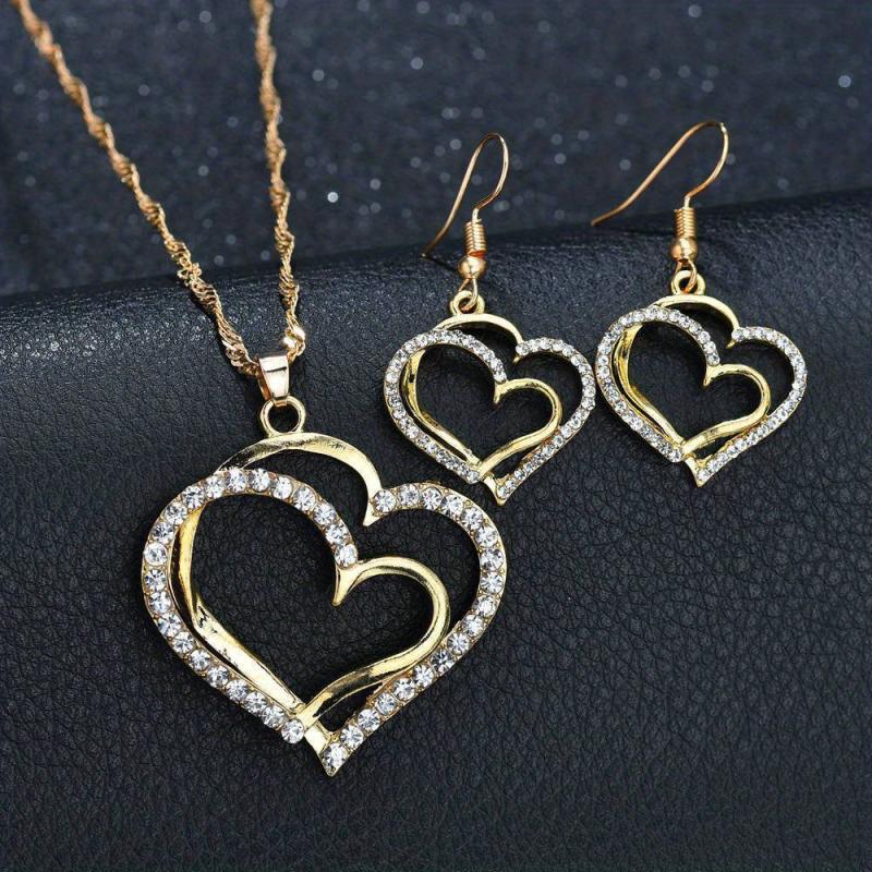 Heart Pendant Necklace Earrings Set Double Sided Faux Leather Droplet Earrings
