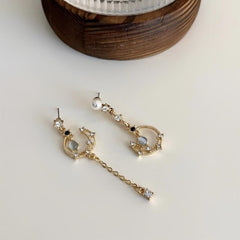 Asymmetrical Pearl Earrings Moon Hollow Tassel Jewelry