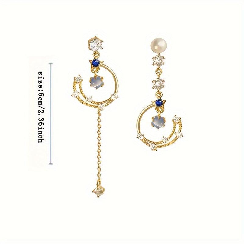 Asymmetrical Pearl Earrings Moon Hollow Tassel Jewelry