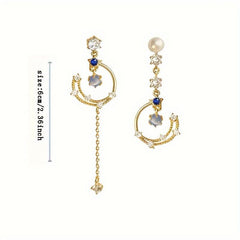 Asymmetrical Pearl Earrings Moon Hollow Tassel Jewelry