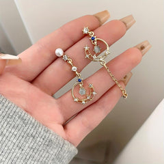 Asymmetrical Pearl Earrings Moon Hollow Tassel Jewelry