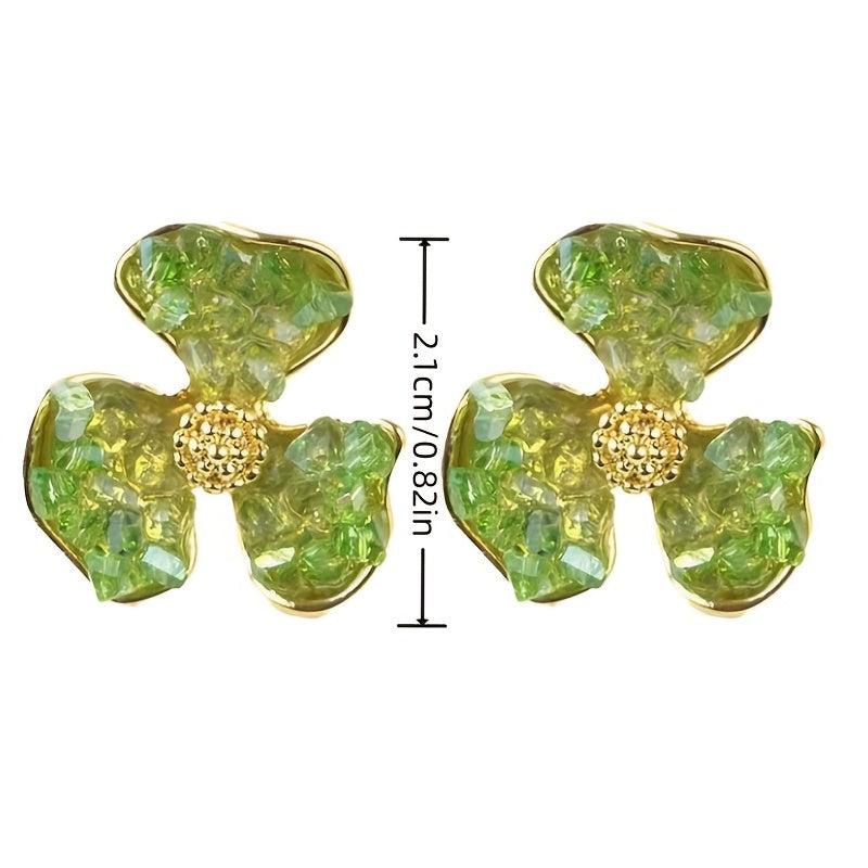 Green Crystal Flower Earrings For Woman