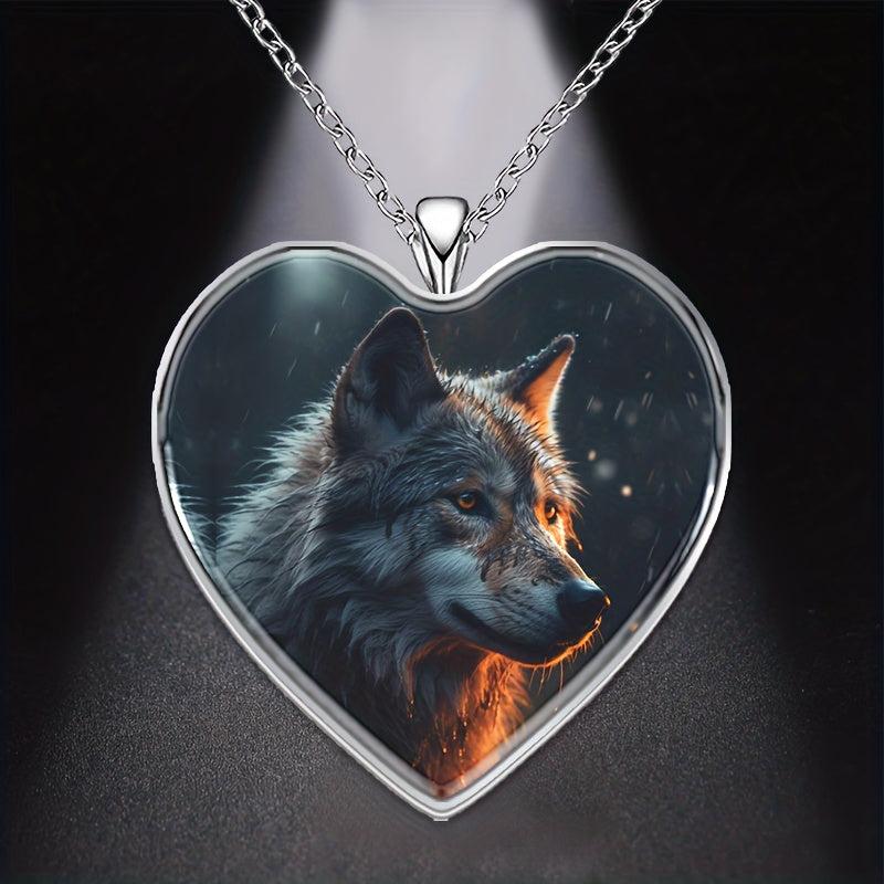 Wolf Heart Pendant Necklace Animal Print Halloween Gift
