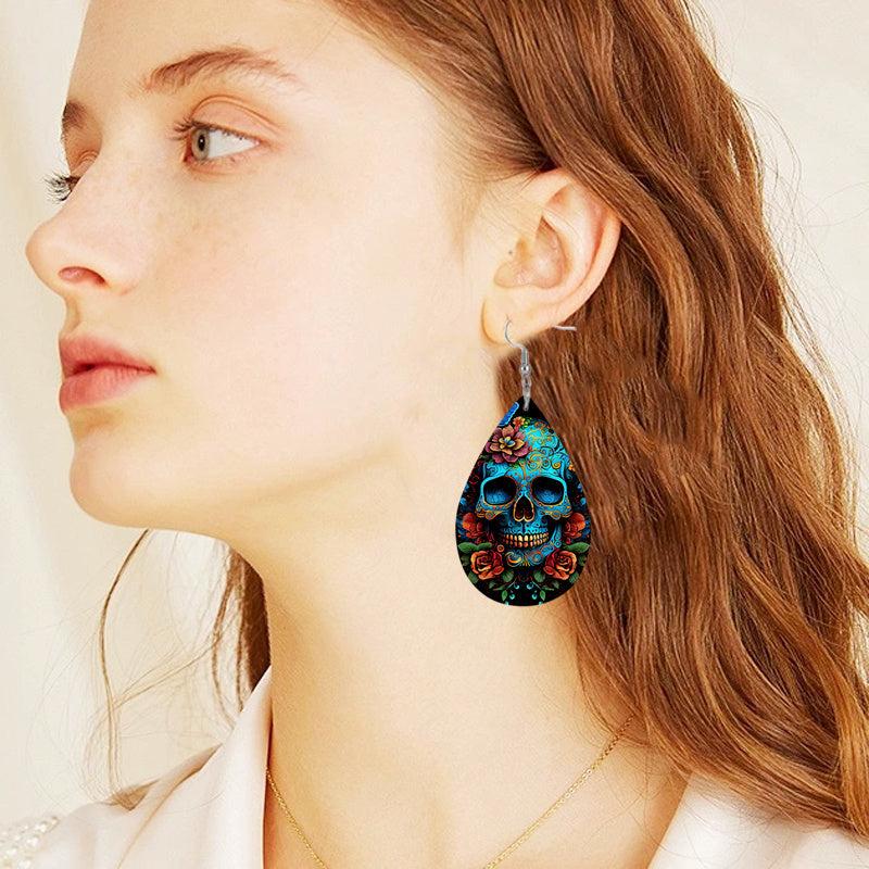 Skull Flower Print Dangle Earrings Hip Hop Goth PU Leather Jewelry