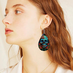 Skull Flower Print Dangle Earrings Hip Hop Goth PU Leather Jewelry