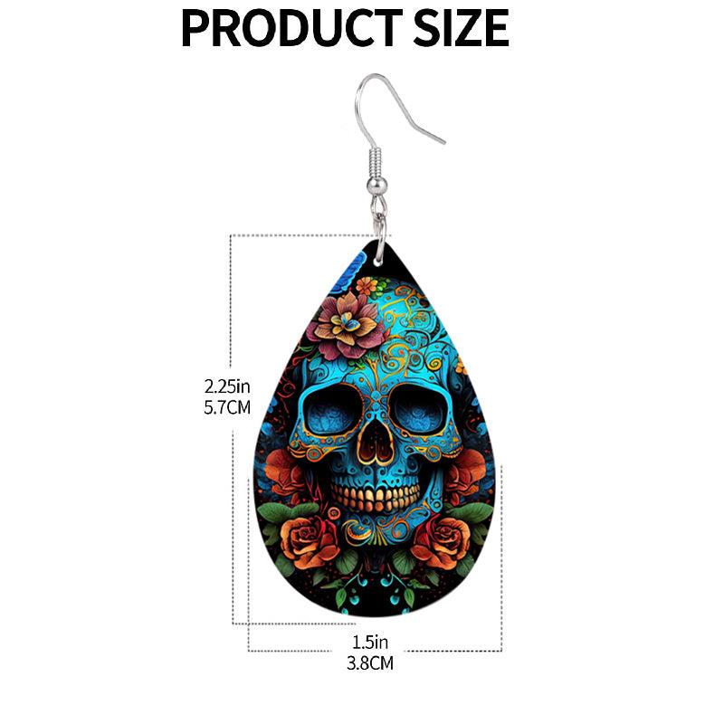 Skull Flower Print Dangle Earrings Hip Hop Goth PU Leather Jewelry