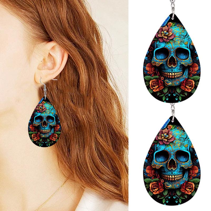 Skull Flower Print Dangle Earrings Hip Hop Goth PU Leather Jewelry