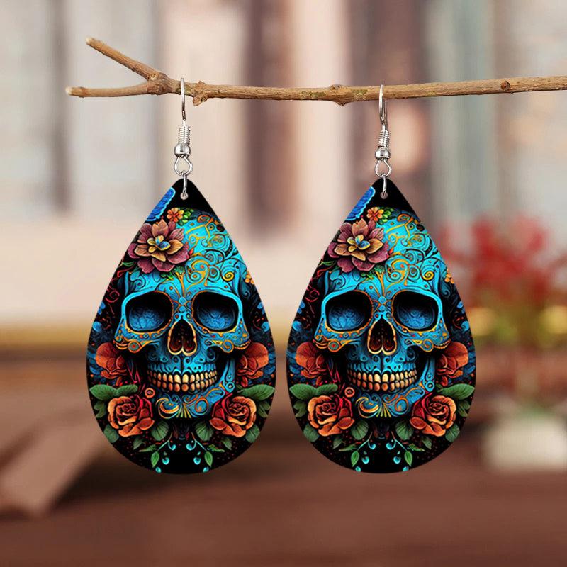 Skull Flower Print Dangle Earrings Hip Hop Goth PU Leather Jewelry
