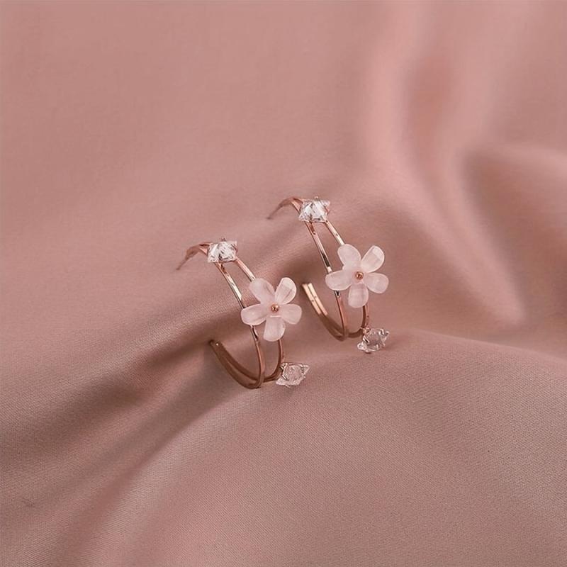 C Ring Flower Earrings with Artificial Diamond