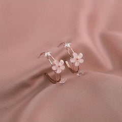 C Ring Flower Earrings with Artificial Diamond