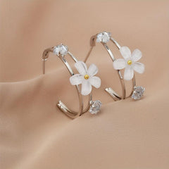 C Ring Flower Earrings with Artificial Diamond
