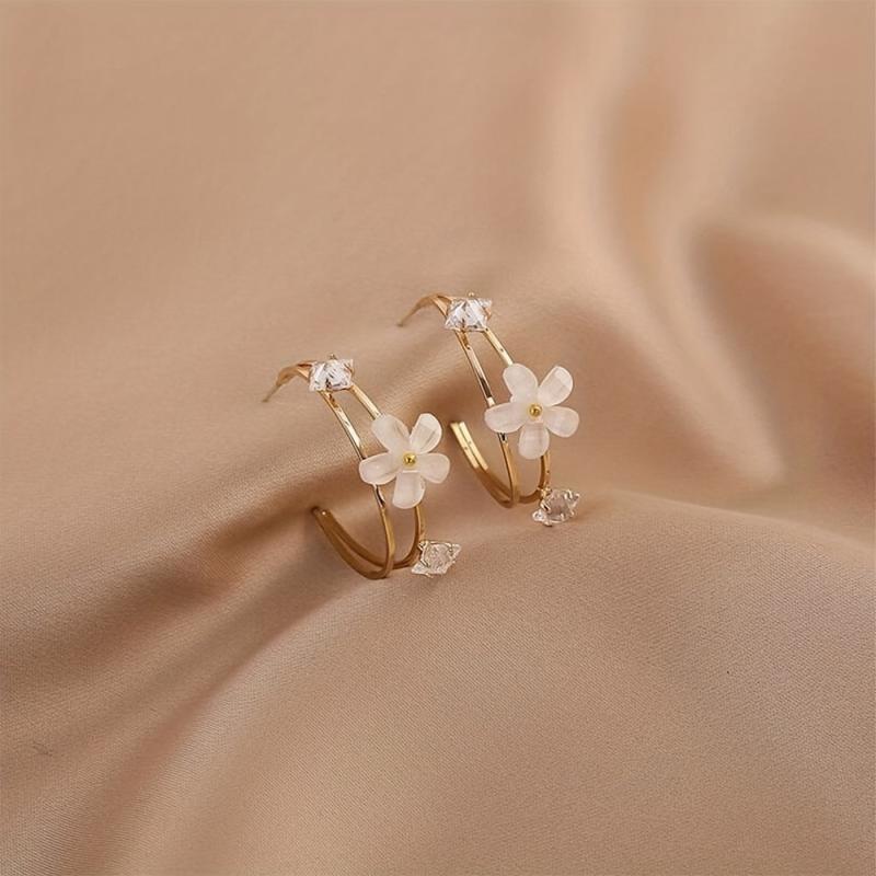 C Ring Flower Earrings with Artificial Diamond