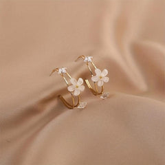 C Ring Flower Earrings with Artificial Diamond