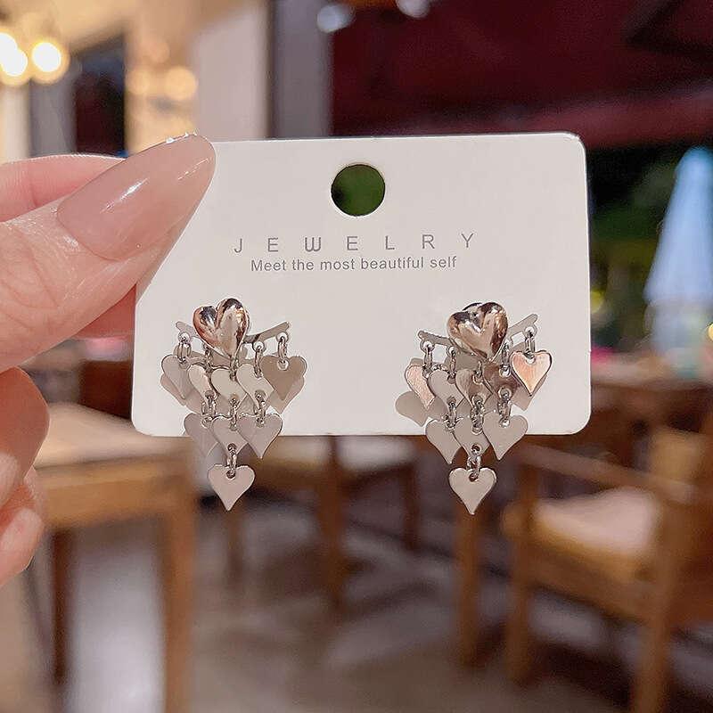 Silvery Needle Tassel Earrings Female Peach Heart Earrings