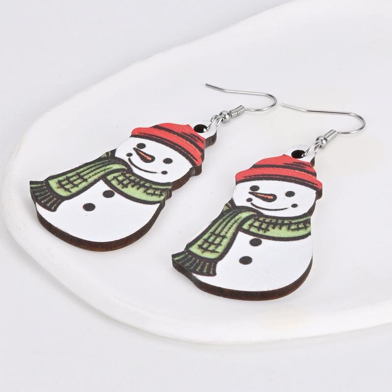 Red Hat Snowman Wooden Earrings Holiday Gift Sweet Jewelry