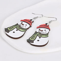 Red Hat Snowman Wooden Earrings Holiday Gift Sweet Jewelry