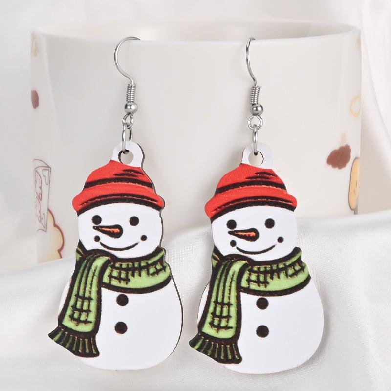 Red Hat Snowman Wooden Earrings Holiday Gift Sweet Jewelry