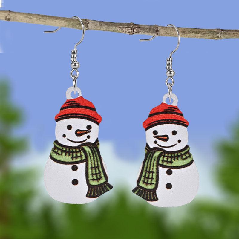 Red Hat Snowman Wooden Earrings Holiday Gift Sweet Jewelry