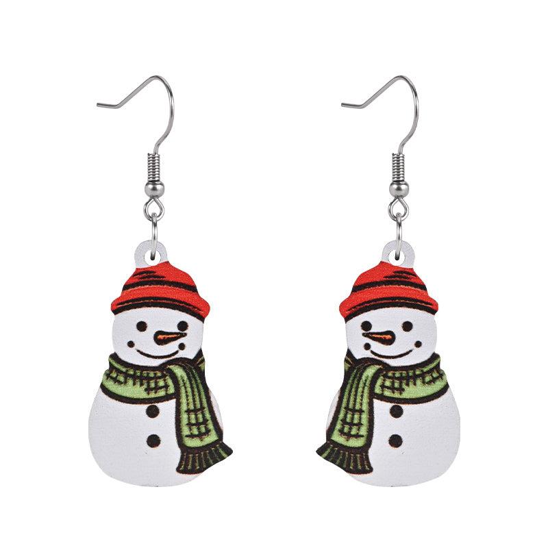 Red Hat Snowman Wooden Earrings Holiday Gift Sweet Jewelry