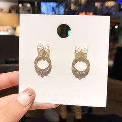 Silvery Needle Bow Earrings Female Ring