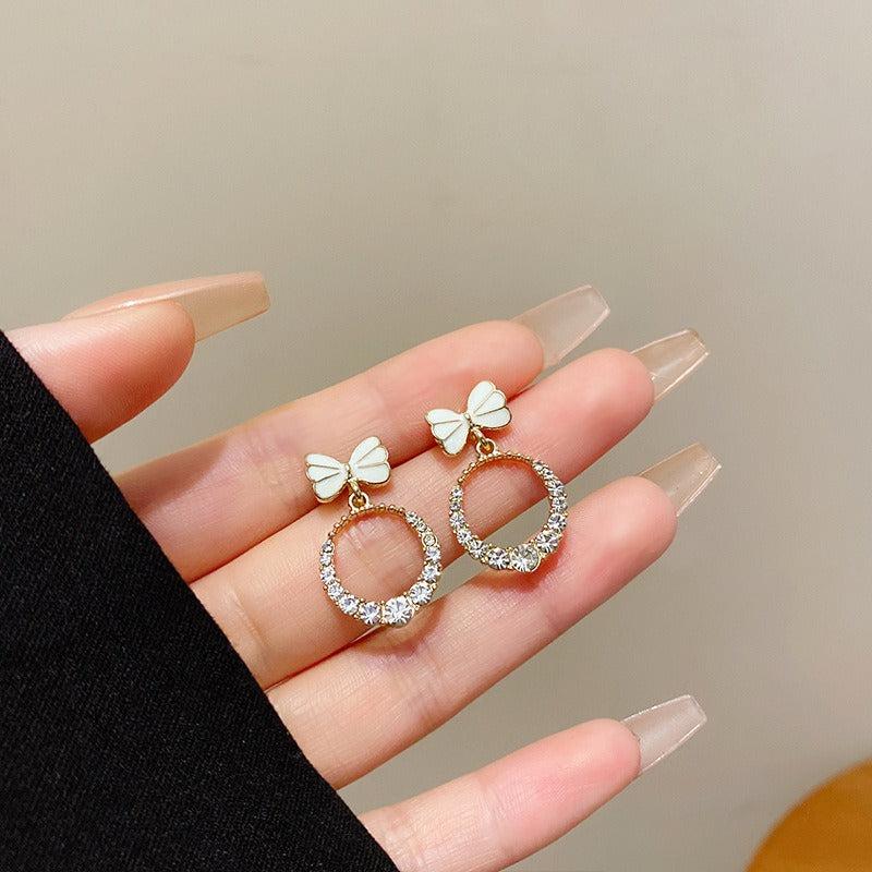 Silvery Needle Bow Earrings Female Ring