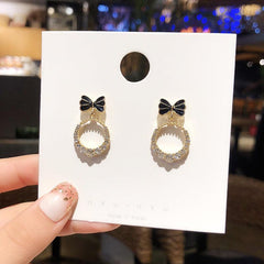Silvery Needle Bow Earrings Female Ring