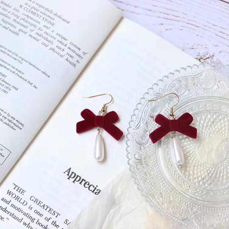 Vintage Wine Red Velvet Bow Earrings