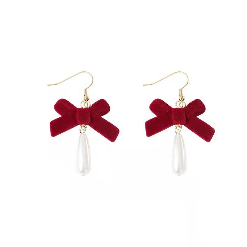 Vintage Wine Red Velvet Bow Earrings