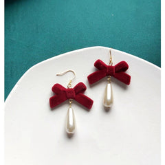 Vintage Wine Red Velvet Bow Earrings
