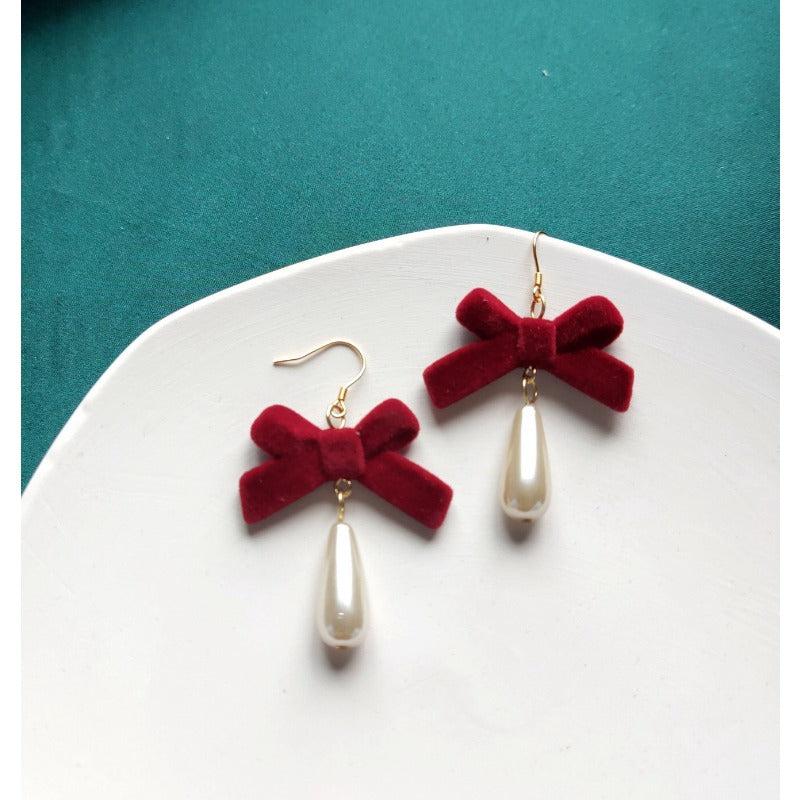 Vintage Wine Red Velvet Bow Earrings
